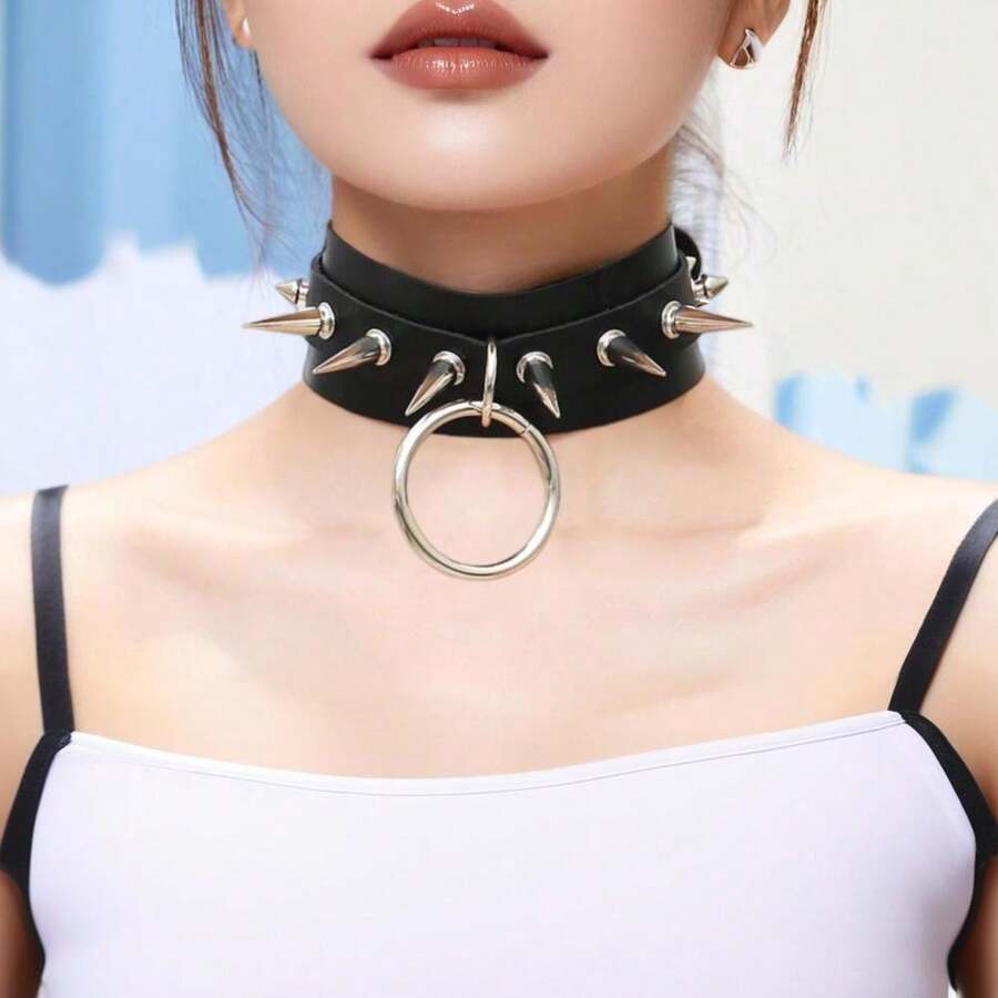 PU皮革夸张原宿风圆形项圈项链，铆钉尖刺颈链，适合夜店和街头佩戴 - 黑色 - 查看 1