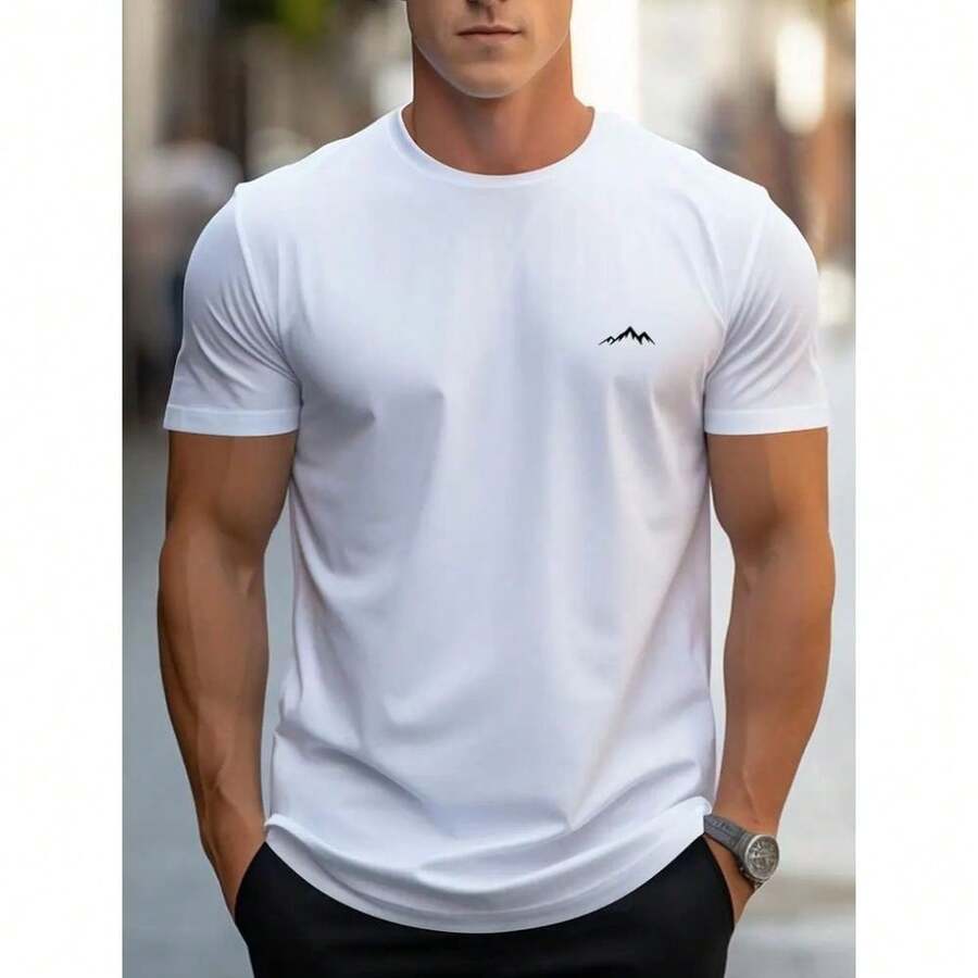 Camiseta Masculina Casual Estampa Minimalista Montanha Camisa De Algodão Fio 30.1 Blusa Manga Curta, Gola Redonda Com  Moda Primavera Verão Para Uso no Dia a Dia - Branco - Visão 1