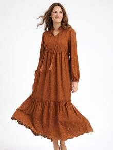 Women Boho Eyelet Embroidery Fabric Dress - Camel - View 2