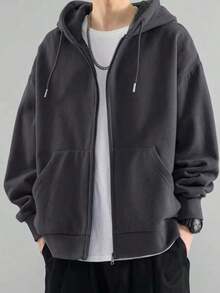Open-Front Zip-Up Hooded Sweatshirt, Plain Winter Jacket With Front Pocket, Ideal For Cold Days. - Gris Oscuro - Ver 2