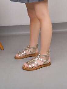 1 Pair Baby Woven Lace-Up Hollow Sandals, Gold PU Non-Slip Open Toe Flat Roman Style Cute Princess Shoes, Suitable For Summer Toddler - Champagne - View 3