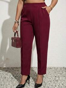 Pantalón de talla grande para mujer con detalles de bolsillo, de talla XL a 5XL, de tela suave - Burdeos - Ver 1