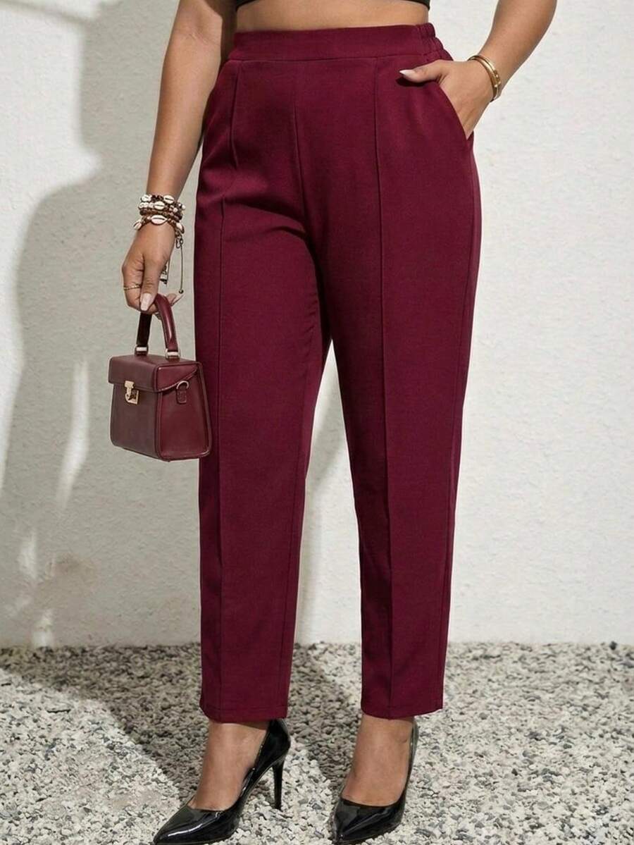 Pantalón de talla grande para mujer con detalles de bolsillo, de talla XL a 5XL, de tela suave - Burdeos - Ver 1