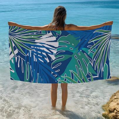 1条热带夏威夷蓝绿叶子印花沙滩巾/浴巾，单面印花，速干吸水超细纤维沙滩巾，防晒披肩毯，瑜伽垫，便携式假日沙滩泳池运动毛巾，柔软亲肤礼品毛巾，轻便浴室沙滩巾