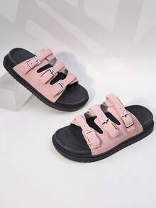 1 Pair Girls' Beige Suede Multi-Buckle Thick-Soled Non-Slip Slide Sandals For Everyday Casual Use - Pink - View 7