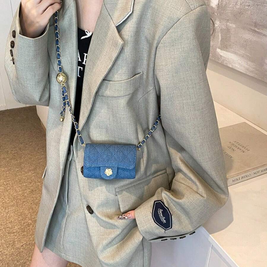 Single Shoulder Bag With Diamond Embroidery And Golden Ball, Crossbody Bag, Mini Casual Bag With Texture For Women - Sky Blue - View 1