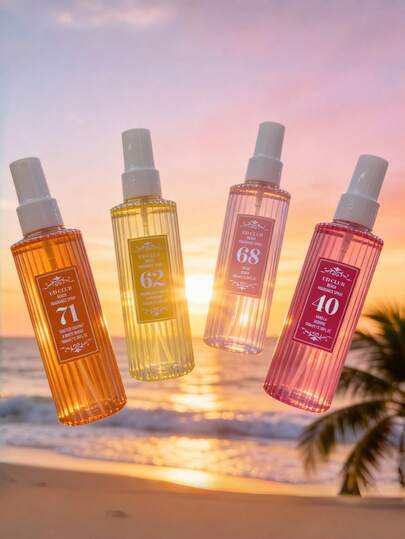 1/4 piezas Juego de regalo de fragancias de la serie solar de Brasil de 100ml, Spray de fragancias, Decoración de lujo para el hogar, Bolso portátil, Fragancia duradera para Río de Janeiro, dormitorio, sala de estar, coche, oficina, con aromas de caramelo salado, vainilla, macadamia, playa soleada, jazmín, coco tostado, sándalo