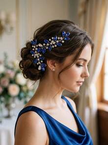 2件套优雅藏蓝色水晶叶形发夹，新娘婚礼派对U型发饰，奢华仿水晶发卡 - 藍色 - 查看 2