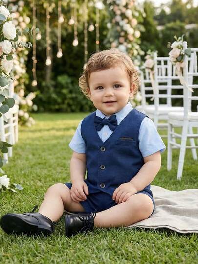 BOARNSEORL 3 件套男婴蓝色短袖衬衫搭配蝴蝶结背心和短裤，时尚服装，适合 1 个月生日派对、宴会、婚礼、花童正式服装