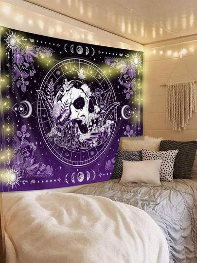 1pc Skull & Moon Print Tapestry, Modern Polyester Square Decorative Wall Hanging Suitable For Living Room And Bedroom