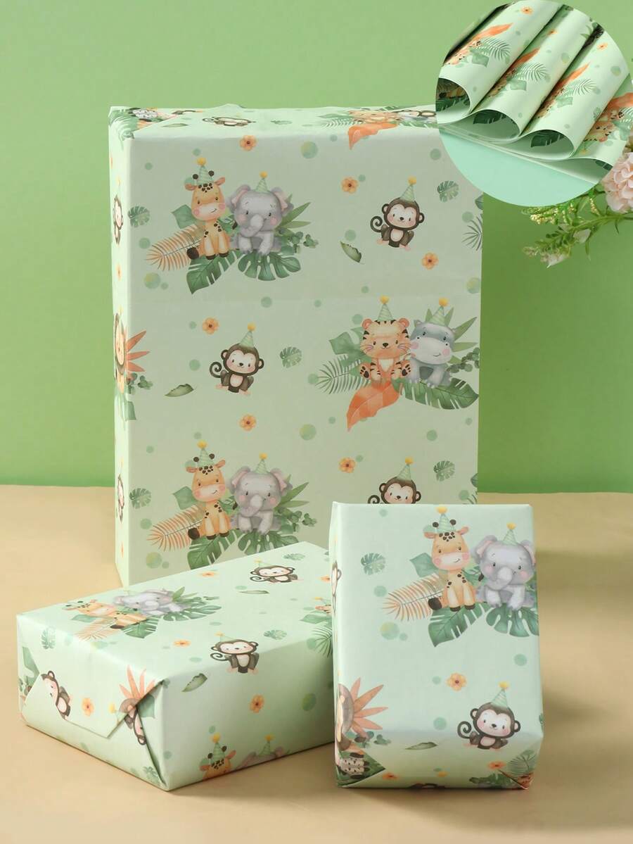 6张丛林动物主题婴儿派对礼品包装纸，卡通动物图案，适用于性别揭晓派对、一周岁生日派对、婴儿派对装饰、丛林动物派对礼品包装用品、一周岁生日装饰、丛林动物生日派对装饰、野性十足派对装饰、婴儿派对礼品包装纸、婴儿生日派对用品、婴儿派对礼物