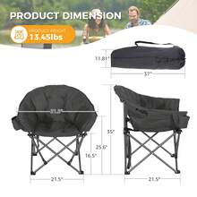 Oversized Padded Camping Chair, Folding Portable Outdoor Club Chair With Cup Holder & Adjustable Backrest, Heavy Duty Steel Frame Supports 350 LBS, Comfortable Lounge Chair With Carry Bag For Camping, Fishing, Lawn, Patio, Indoor Use - 黑色 - 查看 4