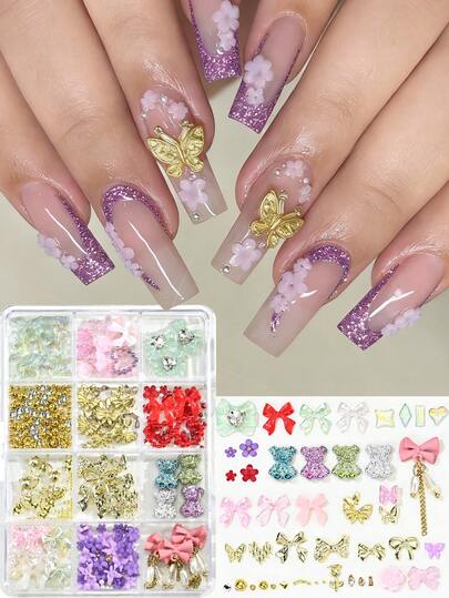 12 Grids Luxury Shiny Mixed Nail Charms With Bow & Heart - Tassel Bowknot,Cute Bear,Flowers Nail Gems Nail Decorations Manicure Accessories For Office Wear Party Daily - Kawaii Teddy Bear Colorful Cartoon Nail Supplies For Women Girs DIY Summer Spring Festival Wedding School