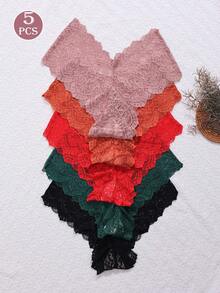 5pcs/Pack Women's Lace Panties, Cute Sweet Lace Trim Low-Rise Briefs - Multicolor - View 1