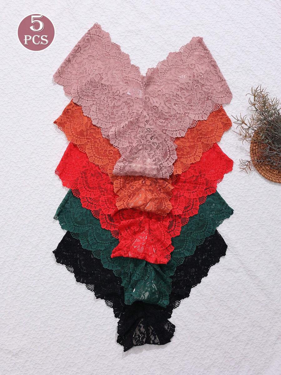 5pcs/Pack Women's Lace Panties, Cute Sweet Lace Trim Low-Rise Briefs - Multicolor - View 1