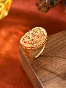 1枚铜镶嵌氧化锆镂空纹理可调节戒指，日常佩戴及节日礼物，女士之选 - 彩色 - 查看 9