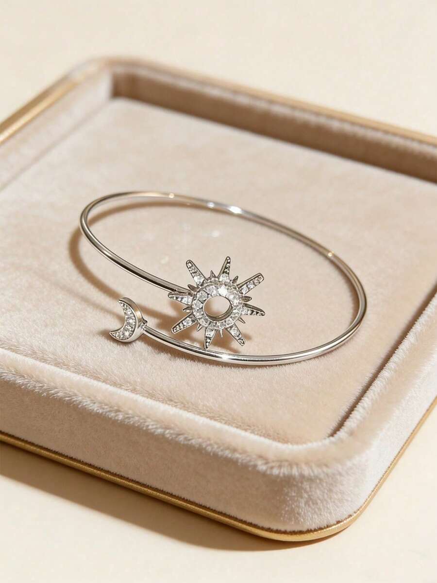 Adjustable Geometric Zirconia Bracelet For Women, Simple Sun And Moon Micro-Encrusted Bracelet - Bạc - Xem 1