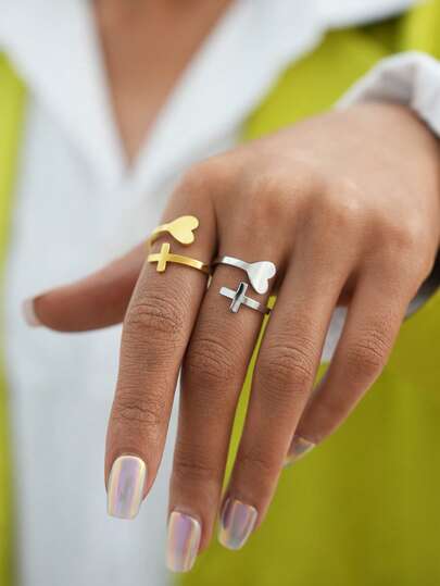 Frminee 2pcs/1pc Cross Heart Gold Stainless Steel Ring, Adjustable Ring Band, Declaration Ring, Commitment Ring, Suitable For Women's Everyday Wear.