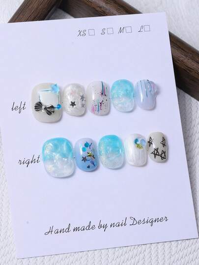 10片/套，手工制作的Y2K浅蓝色短圆掌贴片，3D手绘水波纹效果，手绘五角星线条设计，用于美甲装饰。包含1片果冻胶和1把指甲锉。非常适合派对和正式场合佩戴，适用于美甲贴片和美甲护理产品。