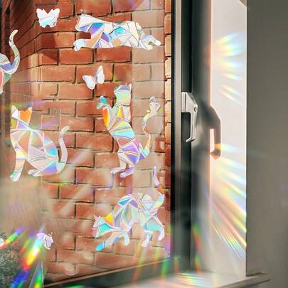 12pcs Cat & Butterfly Sunshine Catchers | Modern Reusable Prism Film, Bird Collision Prevention, Non-Adhesive Decals, 16mil Static Cling PVC, Suitable For Smooth Glass Surfaces, Spring/Summer Catching Decor