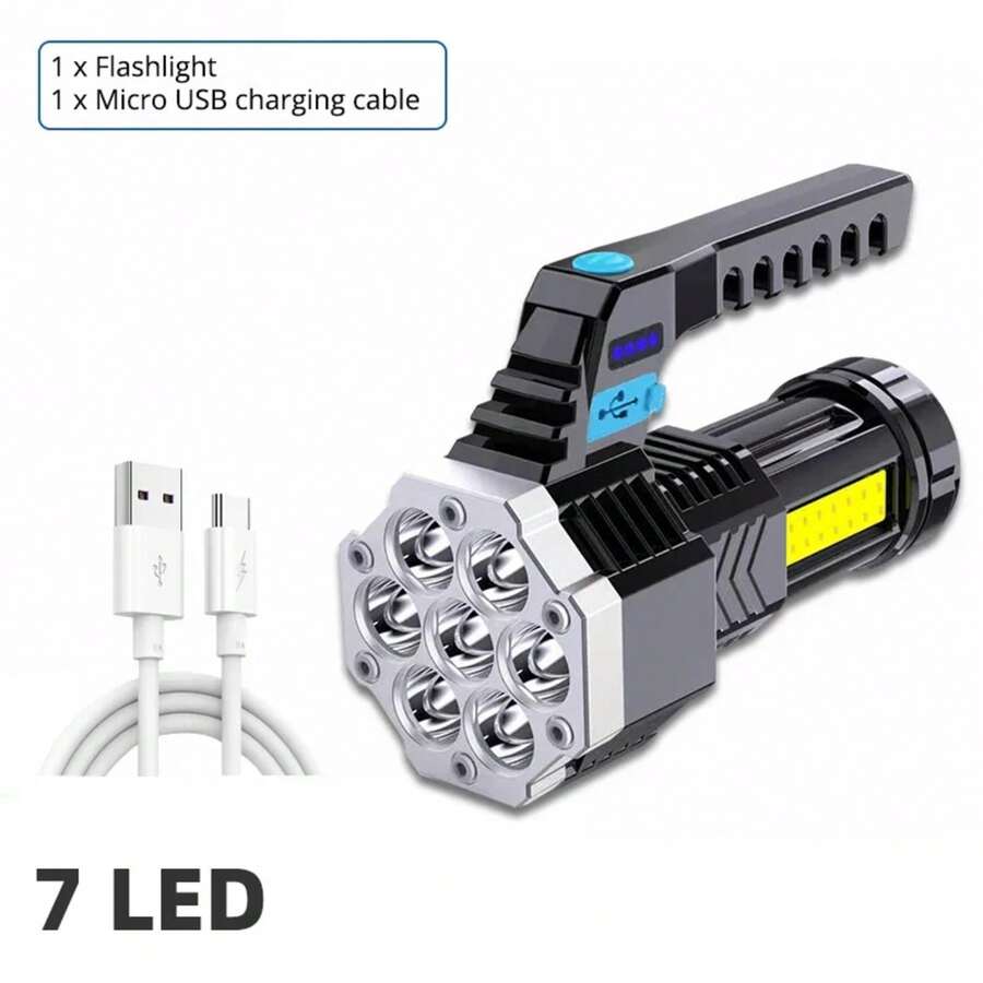 High-Power Rechargeable LED Flashlights, 7 LEDs, Camping Lantern With COB Side Light, Lightweight Outdoor Lighting, ABS HMIT Material - 828 7LED - View 1