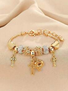 1pc 26 Letter, Heart, Cross, Flower Beaded Bracelet, Fashionable Youth Keychain, Cross Pendant Bracelet - Multicolor - View 26
