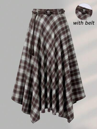 女士复古撞色格纹优雅半身裙，不对称裙摆搭配复古腰带，秋冬季休闲半身裙