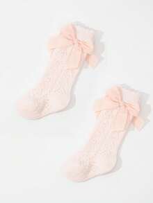 1 par de calcetines largos de malla estilo escolar con decoración de lazo de unicolor para niñas/niñas pequeñas - Rosa - Ver 4