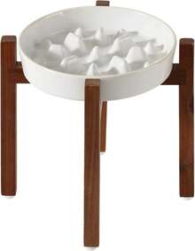 Ceramic Raised Slow Feeder Dog Bowl Set With Acacia Wood Stand - 1 x 白色 + 支架 - C - 查看 1