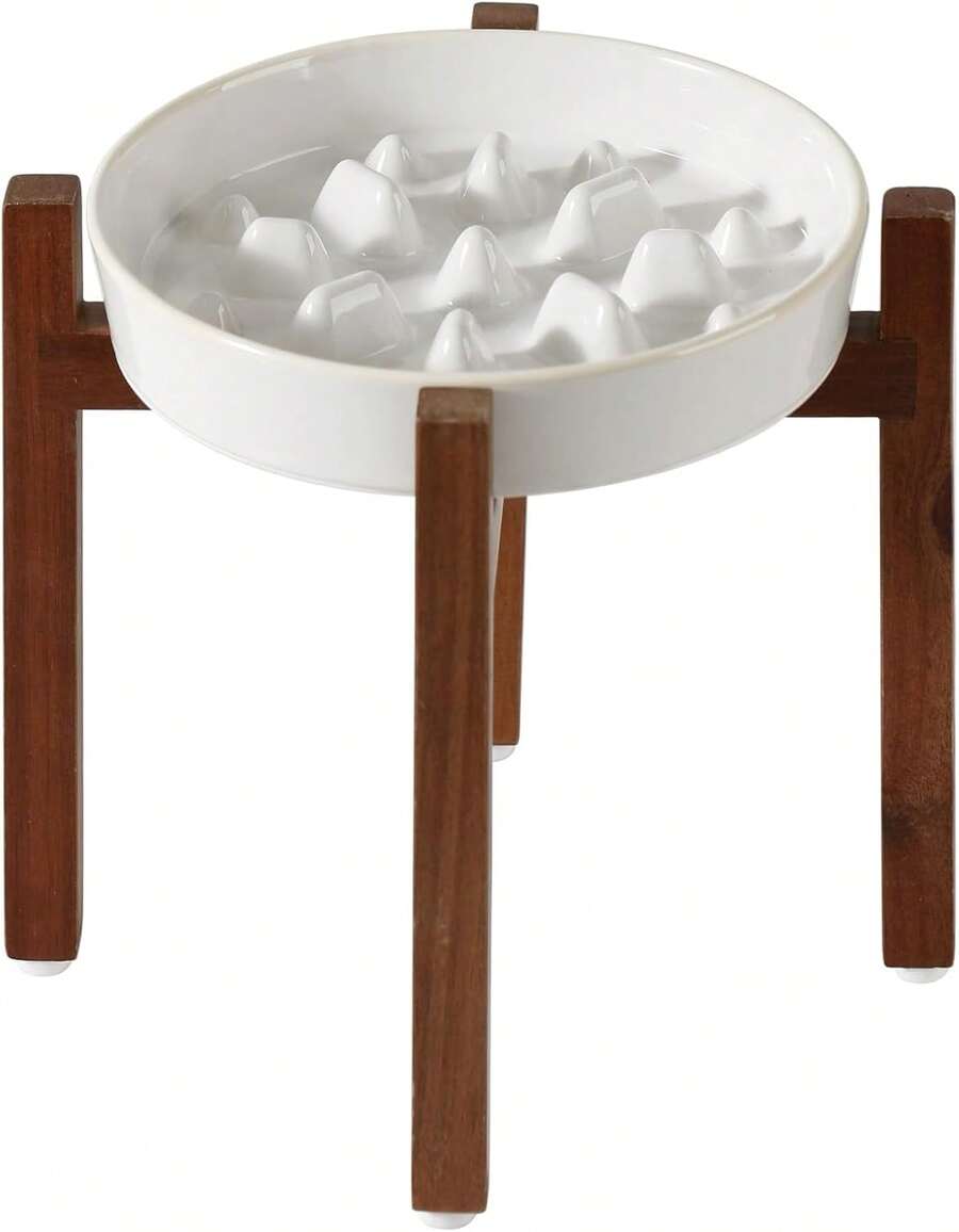 Ceramic Raised Slow Feeder Dog Bowl Set With Acacia Wood Stand - 1 x 白色 + 支架 - C - 查看 1