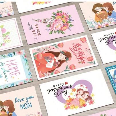 10张温馨的母亲节贺卡，包含信封、鲜花和家庭主题图案，并附有中英文双语的温馨祝福。内页留有空白，方便您书写心意。创意祝福卡片，也适用于生日祝福、母亲节、母亲生日、家庭聚会以及表达感激之情等场合。
