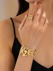 1 Set Exaggerated Luxurious Textured Asymmetric Heavy Metal Leaf Bracelet And Ring Jewelry Set, Fashionable And Elegant Accessories Suitable For Women's Daily Wear - Yellow Gold - View 6
