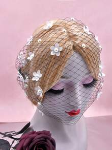 1pc Shiny Faux Pearl Black Birdcage Veil, Suitable For Bride Wedding, Bridal Photoshoot, Ladies Tea Party, Party Headpiece - Black - View 5