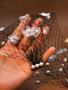 1pc Shiny Faux Pearl Black Birdcage Veil, Suitable For Bride Wedding, Bridal Photoshoot, Ladies Tea Party, Party Headpiece - Black - View 3