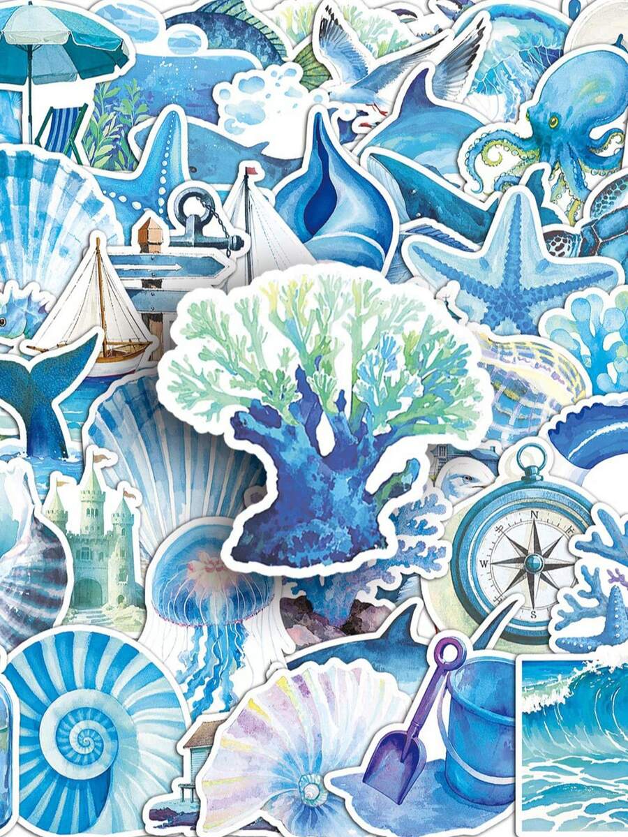50pcs Ocean Stickers, Blue Marine Life Waterproof Vinyl Stickers Suitable For Water Bottles, Laptops, Phones, Skateboards, Bicycles, Luggage, Guitars Scrapbook Supplies Stationery Funny Stickers Kindle - A - View 1