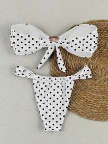 Women's Summer New Arrival: European & American Style, Sexy, Casual, Brown & White Polka Dot, Strapless, Beach Vacation, Bikini Swimsuit - 白色 - 查看 4