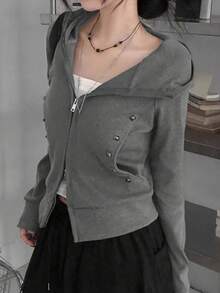 Women's Long Sleeve Korean Chic Sexy Design Reversible Zipper Casual Slim Fit Sweatshirt Sweatshirt Spring - Grey - View 6