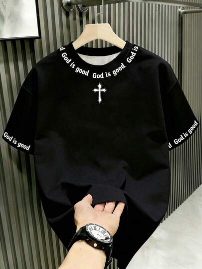 Boys' Casual Fashionable Versatile Vacation Style Cross & Letter Print Round Neck Short Sleeve T-Shirt, Spring/Summer