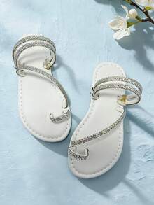1 Pair White Children's Sandals, Girls' Flat Non-Slip Sandals, Rhinestone Wrapped Strap Toe Design, Suitable For Summer Outings, Beach, Wedding Party, Casual Gatherings, Daily Wear - White - View 3