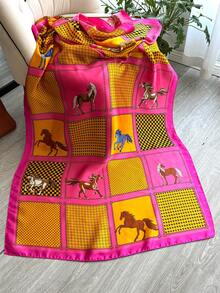1pc Elegant Silk-Like Patchwork Horse Print Scarf, Versatile Shawl For Beach, Sun Protection, Fashion Accessory For Daily Wear - Hot Pink - View 3