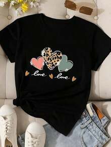 Camiseta Casual de Manga Corta para Mujer - Estampado de Leopardo y Cerezas, Negra con Detalles Dorados Brillantes, Elasticidad Media, Lavable en Máquina, Comodidad Todo el Año - Negro - Ver 7
