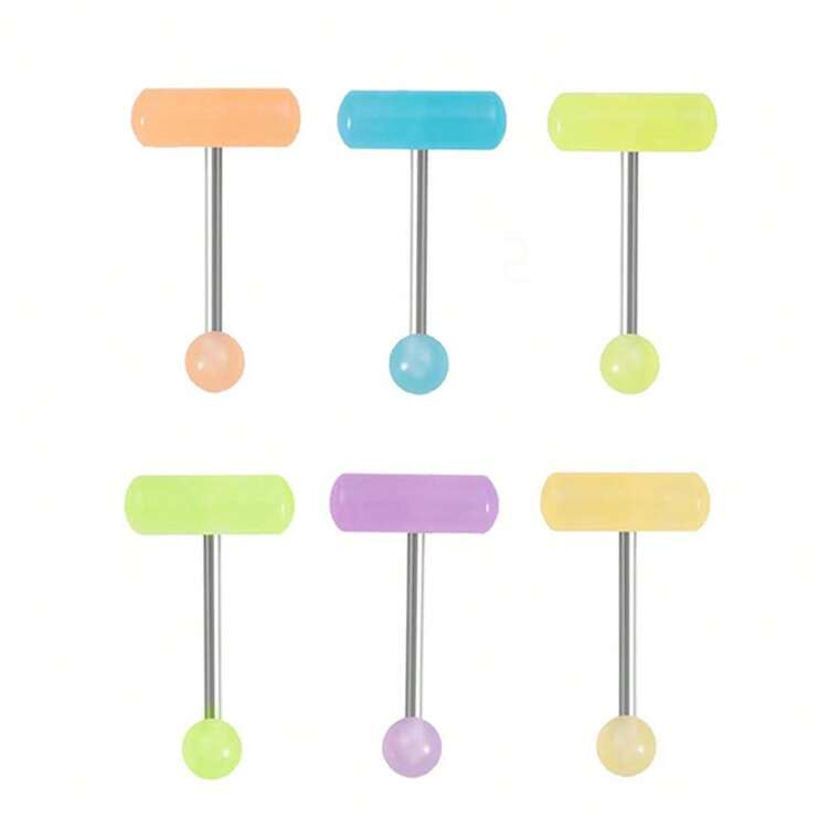 Anillo de lengua y pezón de barra de acero multicolor con bola de acrílico luminiscente, joyería de perforación - Multicolor - Añade 4