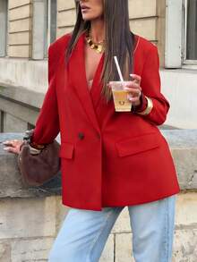 2026春夏红色职业女士西装外套，时尚优雅圣诞新年派对休闲薄款纯色商务双排扣西装夹克 - 紅色 - 查看 1