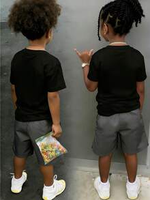 2pcs/Set Toddler Casual Cartoon Print Round Neck Short Sleeve T-Shirt + Cargo Pants Set, Comfortable Leisure, New Summer Collection - Black - View 2