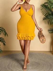 AIJ Đầm ngắn hai dây gợi cảm và thanh lịch dành cho nữ - Màu vàng ngỗng - Xem 4