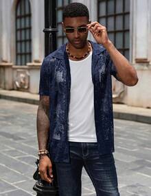 URRU Mens Floral Lace Shirt Short Sleeve Hollow Out Sheer See Through Casual Button Down Shirts - 藏蓝色 - 查看 4