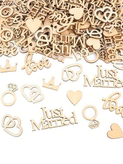 100 mảnh giấy vụn trang trí tiệc cưới ngẫu nhiên chủ đề "Just Married", hình trái tim bằng gỗ mộc mạc, chấm bi nhỏ, lát gỗ hình lá, hình trái tim, trang trí bàn tiệc cưới cho lễ kỷ niệm.