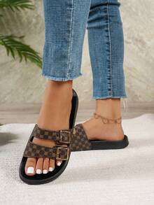 New Summer Fashion Comfortable Soft Casual Slippers, Chain Decor Women's Slides, Double Buckle Flat Sandals, Suitable For Indoor And Outdoor, Walking - Brown - View 3