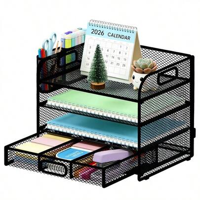 Desk Organizer, 4-Tier Paper Letter File Organizers With 2 Pen Holder, Mesh Desktop Organizer For Office Organization And Storage, Black