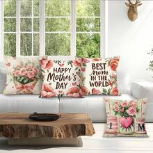 4pcs Mother's Day Pink Rose Cluster & Butterfly Pattern Single-Sided Print Throw Pillow Covers, Decorative Pillow Covers For Living Room Sofa Bedroom, Pillow Inserts Not Included - Multicolor - View 9